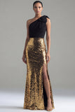 Noir et or étincelant, paillettes à épaule unique nœud, longue robe formelle avec fente