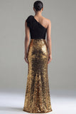 Noir et or étincelant, paillettes à épaule unique nœud, longue robe formelle avec fente