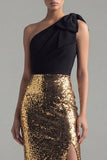 Noir et or étincelant, paillettes à épaule unique nœud, longue robe formelle avec fente