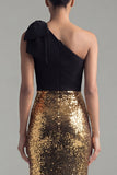 Noir et or étincelant, paillettes à épaule unique nœud, longue robe formelle avec fente