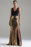 Robe longue de cérémonie en forme de sirène, paillettes noires et dorées scintillantes à col en V