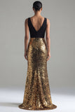 Robe longue de cérémonie en forme de sirène, paillettes noires et dorées scintillantes à col en V