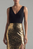 Robe longue de cérémonie en forme de sirène, paillettes noires et dorées scintillantes à col en V