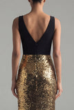 Robe longue de cérémonie en forme de sirène, paillettes noires et dorées scintillantes à col en V