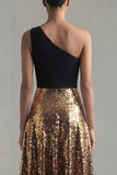 Robe longue de cérémonie longue à paillettes longue ligne en A à une épaule