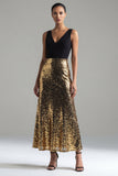 Robe formelle longue à paillettes noires et dorées en paillettes, ligne en A à col en V