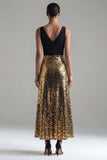 Robe formelle longue à paillettes noires et dorées en paillettes, ligne en A à col en V