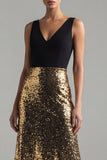 Robe formelle longue à paillettes noires et dorées en paillettes, ligne en A à col en V