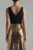 Robe formelle longue à paillettes noires et dorées en paillettes, ligne en A à col en V