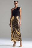 Fourreau étincelant à une épaule Sequins noirs et dorés Ruban longue robe formelle avec fente