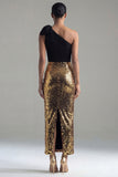 Fourreau étincelant à une épaule Sequins noirs et dorés Ruban longue robe formelle avec fente