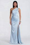 Robe formelle de sirène bleu ciel à une épaule froncée
