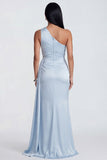 Robe formelle de sirène bleu ciel à une épaule froncée
