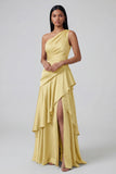 Robe formelle jaune à volants A Line, une épaule longue