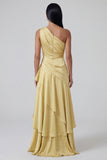 Robe formelle jaune à volants A Line, une épaule longue