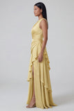Robe formelle jaune à volants A Line, une épaule longue