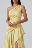 Robe formelle jaune à volants A Line, une épaule longue