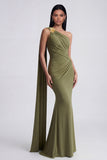 Robe formelle sirène olive, une épaule longue avec banderole latéral