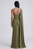 Robe formelle sirène olive, une épaule longue avec banderole latéral