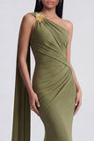Robe formelle sirène olive, une épaule longue avec banderole latéral