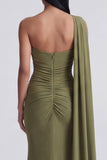 Robe formelle sirène olive, une épaule longue avec banderole latéral