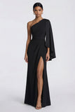 Robe de cérémonie sirène noire à une épaule avec cape latérale
