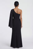 Robe de cérémonie sirène noire à une épaule avec cape latérale