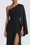 Robe de cérémonie sirène noire à une épaule avec cape latérale