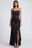 Robe formelle à volants en satin à bretelles en sirène noire