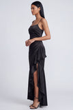 Robe formelle à volants en satin à bretelles en sirène noire