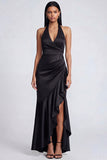 Robe longue formelle longue en satin satin en satin en forme de sirène noire à volants