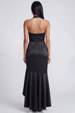 Robe longue formelle longue en satin satin en satin en forme de sirène noire à volants