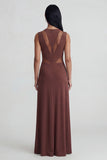 Robe formelle marron à col rond découpée à découpe illusion