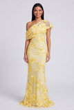 Robe formelle à col asymétrique en sirène jaune avec broderies florales