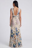 Robe longue fleurie froncée à fourreau ivoire avec fente