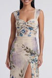 Robe longue fleurie froncée à fourreau ivoire avec fente