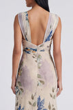 Robe longue fleurie froncée à fourreau ivoire avec fente
