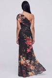 Robe longue fleurie champagne à une épaule avec fente
