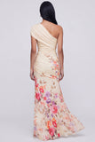Robe longue fleurie champagne à une épaule avec fente
