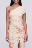 Robe longue fleurie champagne à une épaule avec fente