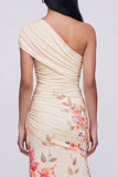 Robe longue fleurie champagne à une épaule avec fente