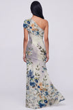 Robe longue fleurie champagne à une épaule avec fente