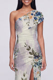 Robe longue fleurie champagne à une épaule avec fente