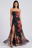 Robe fleurie ivoire sans bretelles avec fente
