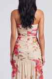 Robe fleurie ivoire sans bretelles avec fente