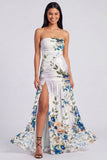 Robe fleurie ivoire sans bretelles avec fente