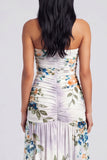 Robe fleurie ivoire sans bretelles avec fente