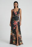 Robe formelle noire à col carré en sirène fleurie