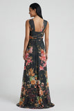 Robe formelle noire à col carré en sirène fleurie
