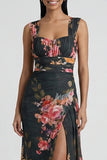 Robe formelle noire à col carré en sirène fleurie